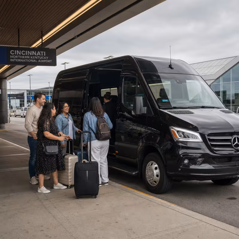 Group boarding a white charter bus for Airport Transportation transportation in Cincinnati