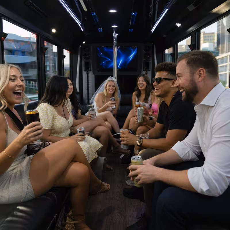 Party bus interior with wraparound leather seating and LED lighting in Cincinnati