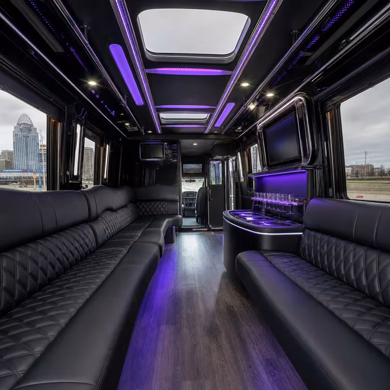Party bus interior with wraparound leather seating and LED lighting in Cincinnati