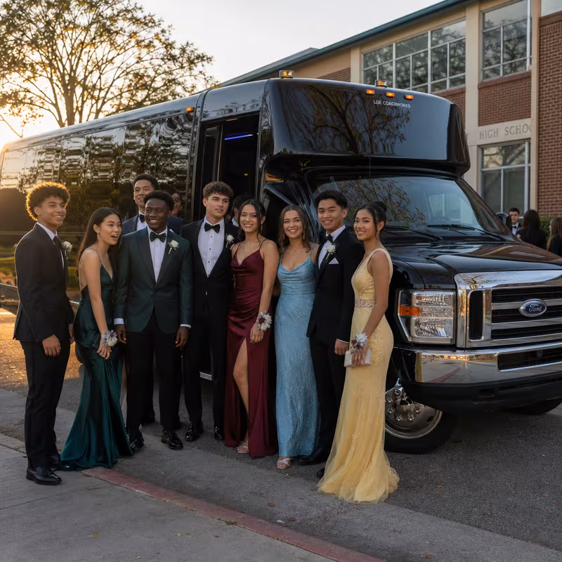 Group boarding a white charter bus for Prom & Homecoming Transportation transportation in Cincinnati