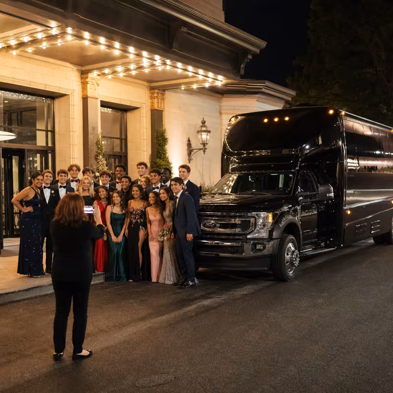 Party bus interior with wraparound leather seating and LED lighting in Cincinnati