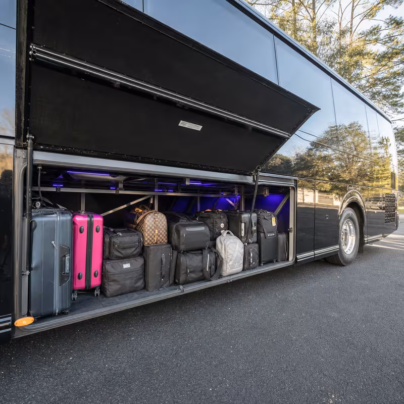 Party bus interior with wraparound leather seating and LED lighting in Cincinnati